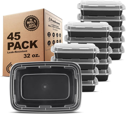 Freshware Meal Prep Containers [45 Pack] 1 Compartment Food Storage Containers with Lids, Bento Box, Stackable, Microwave/Dishwasher Safe (32 oz)