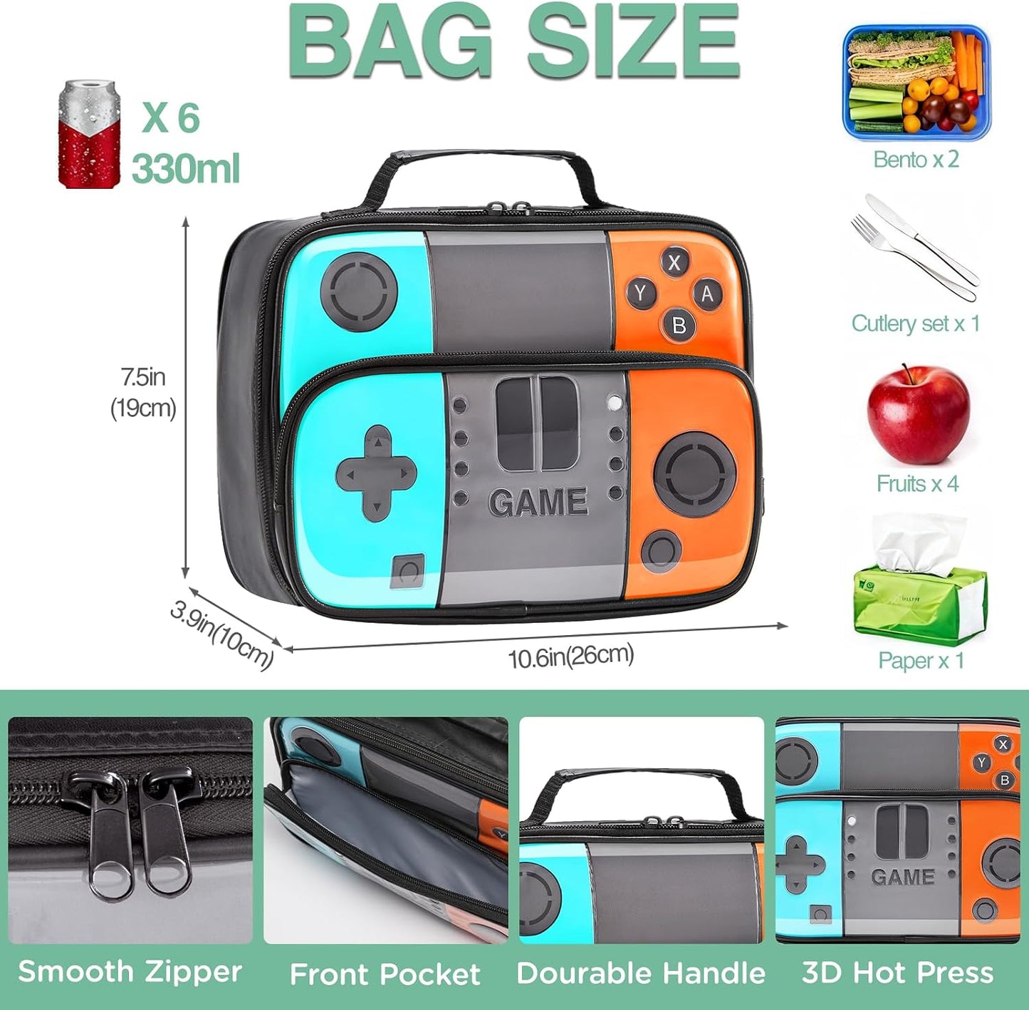 Kids Gamer Lunch Box for Boys, Game Console Insulated Lunch Bag, PU Leather Waterproof Lunchbox with Mesh Pocket, Durable Leakproof Lunch Tote Fits Bento Box for School