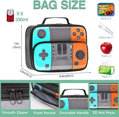 Kids Gamer Lunch Box for Boys, Game Console Insulated Lunch Bag, PU Leather Waterproof Lunchbox with Mesh Pocket, Durable Leakproof Lunch Tote Fits Bento Box for School