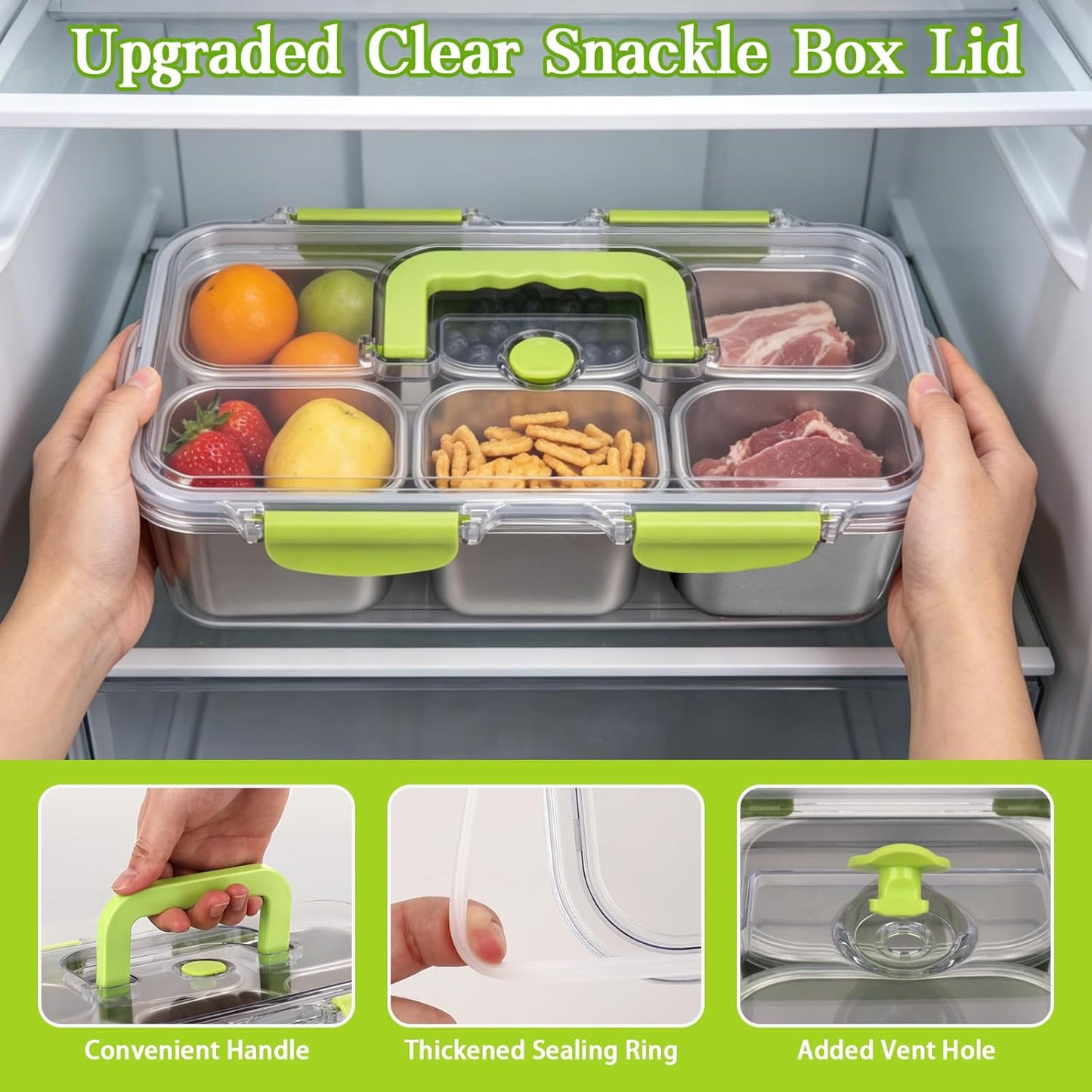 weiwei 6 Compartments Snackle Box Container, Reusable Divided Serving Tray with Lid and Handle, Portable Snack Box Container Snacklebox for Snacks Fruit Candy Picnic Beach Camping, Plastic