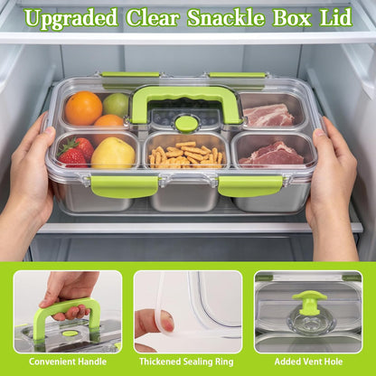 weiwei 6 Compartments Snackle Box Container, Reusable Divided Serving Tray with Lid and Handle, Portable Snack Box Container Snacklebox for Snacks Fruit Candy Picnic Beach Camping, Plastic