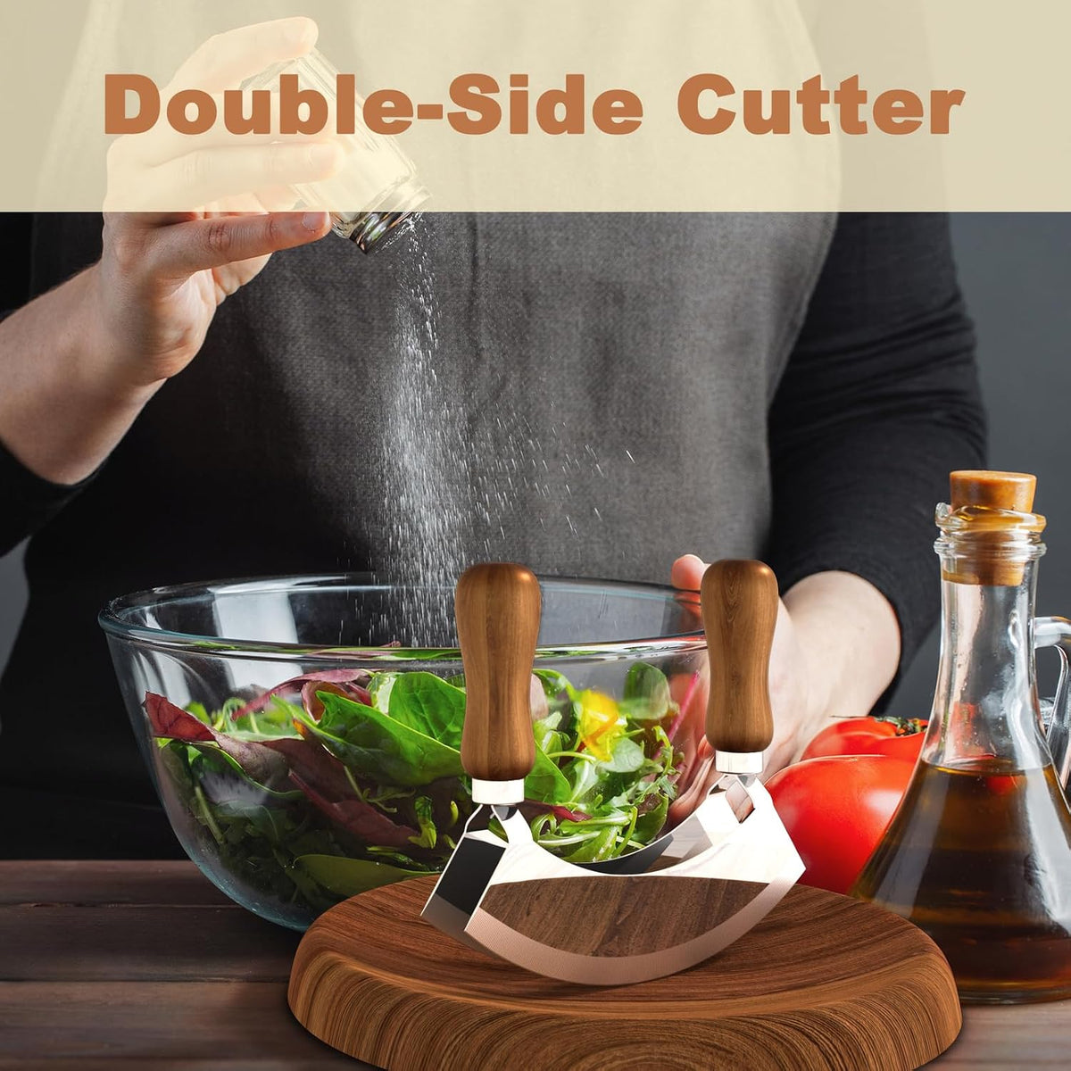 Cutting Board & Mezzaluna Knife, 2-Bladed Herb Chopper with Wood Board