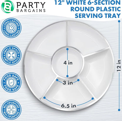 PARTY BARGAINS 12" Round Plastic Serving Tray, 6-Sections, Clear, Pack of 1