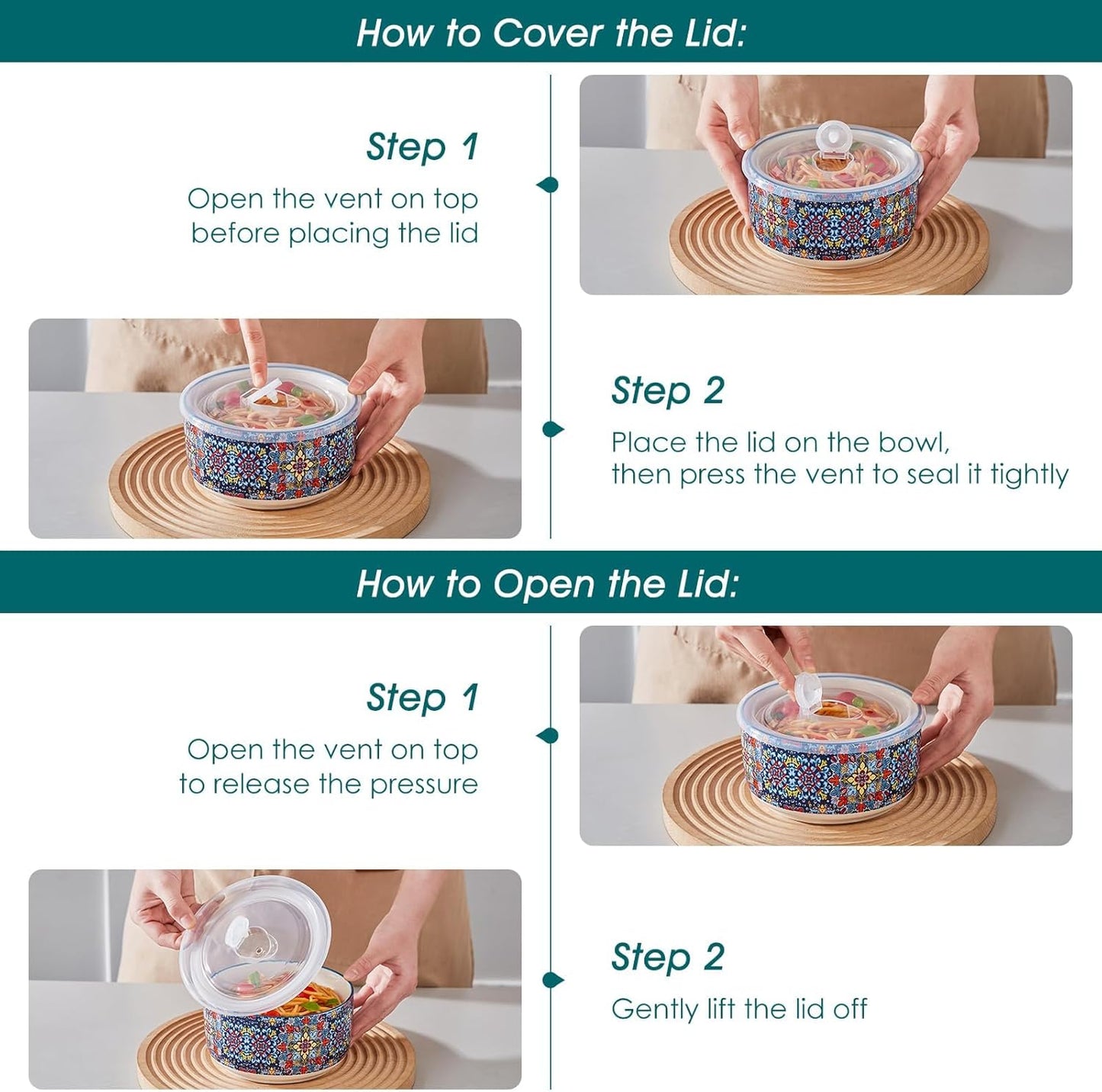 vancasso Serving Bowls with Lids Set of 4, Ceramic Nesting Mixing Bowls for Food Storage, Prep and Stackable, Dishwasher & Microwave Safe Gift Set, 60/36/20/10 OZ, Series SIMI