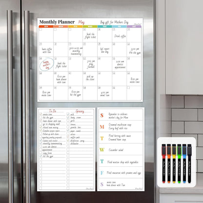 Non-Magnetic Dry Erase List for Fridge - Reusable 8"x11.5" List and Weekly Planning Board Stick to Most Smooth Surfaces - 3 Dry Erase Markers Included