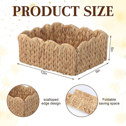 Potchen 6 Pcs 12 x 9 x 5 Inch Scalloped Water Hyacinth Storage Baskets, Rectangular Wicker Storage Baskets for Shelving, Natural Foldable Woven Pantry Organizer for Organizing