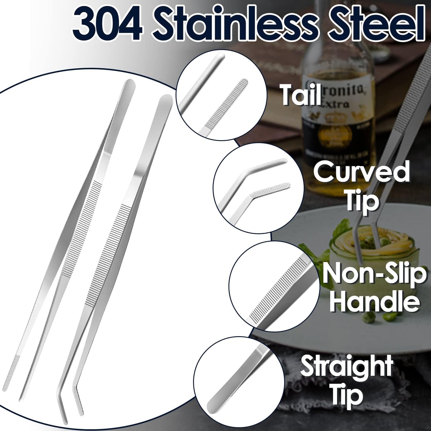 Gutsdoor Kitchen Tweezers Set Stainless Steel Tongs Tweezers Set of 2 with Precision Serrated Tips for Cooking (8 Inch Set)