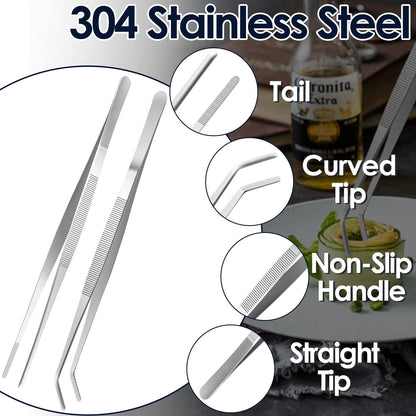 Gutsdoor Kitchen Tweezers Set Stainless Steel Tongs Tweezers Set of 2 with Precision Serrated Tips for Cooking (8 Inch Set)
