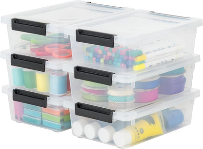 IRIS USA 12 Qt. Craft Storage Bins with Lids, 4-Pack, |Made in USA|, Clip Box, Medium Plastic Sensory Bin Tote Organizer Containers for Art Supplies, Paper, & Office, Stackable - Clear/Seafoam Blue