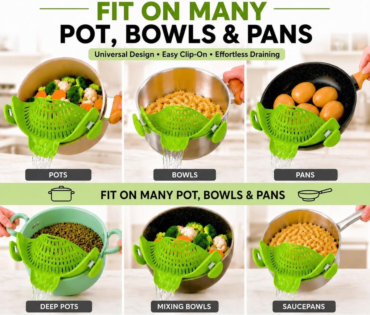 Clip On Pot Strainer for Pots, Pans & Bowls, Silicone Heat Resistant Food Grade Pot Colander, Pasta & Cooking Drainer, Hands-Free Kitchen Strainer with Universal Clip, Dishwasher Safe, Green