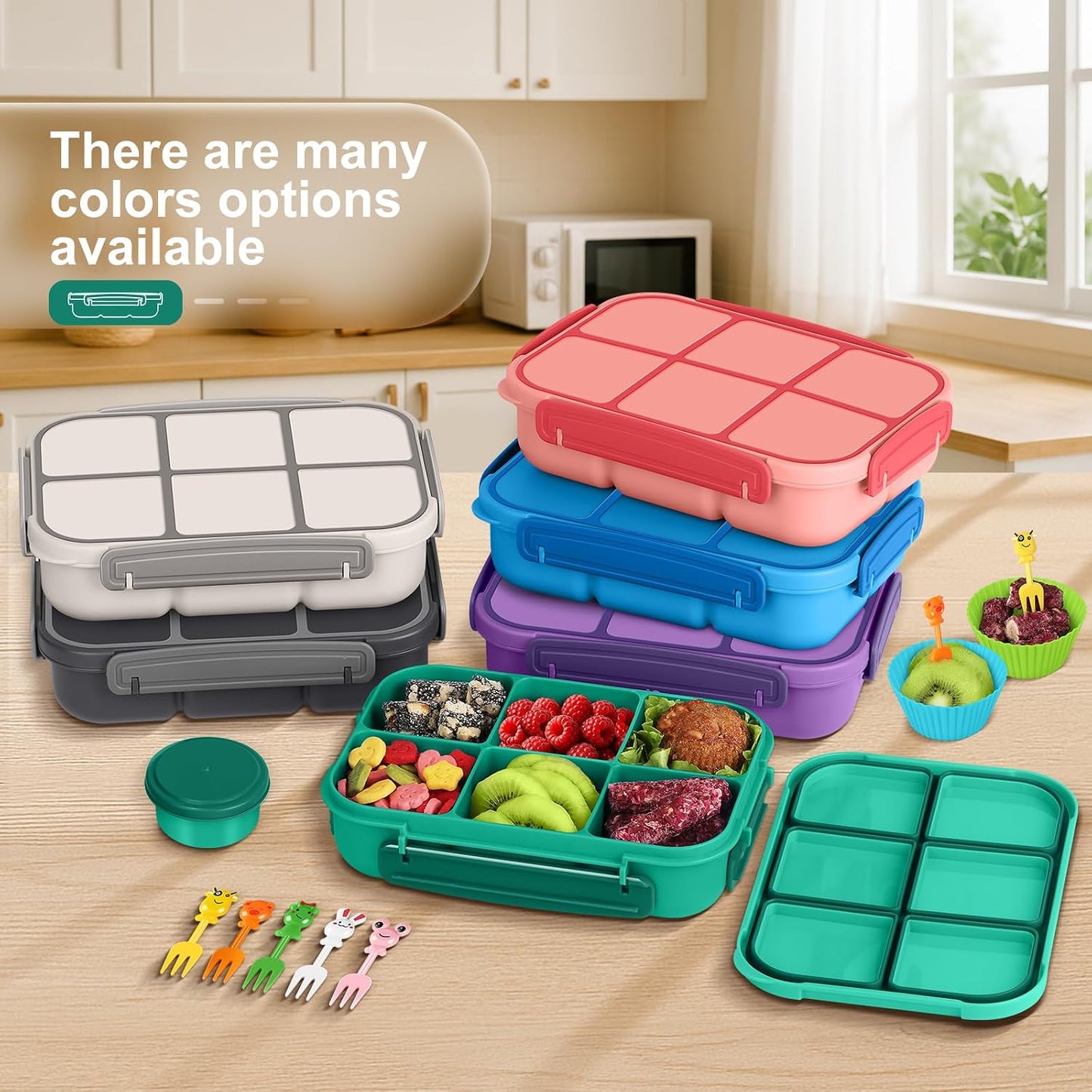Amathley Lunch Box Kids Girls Boys,Bento Box Adult,Toddler Lunch Containers for School,Leakproof Snack Containers with 6 Compartments,Sauce Container,10 Food Picks and 4 Muffin Cups (Green)