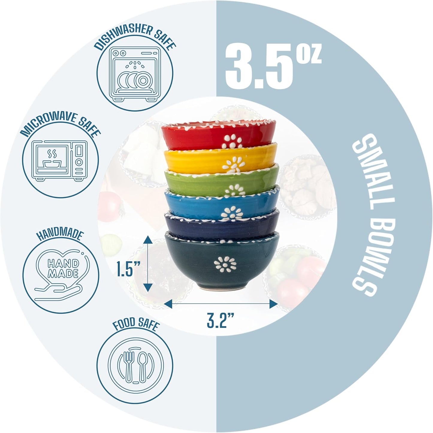Ceramic Small Dipping Bowls Set of 6, 3.5 Oz Soy Sauce Dish, Handmade Charcuterie, Colorful Pinch, Dishwasher & Microwave Safe, 3.2'' Mini (SULTAN'S GARDEN)