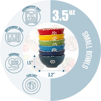 Ceramic Small Dipping Bowls Set of 6, 3.5 Oz Soy Sauce Dish, Handmade Charcuterie, Colorful Pinch, Dishwasher & Microwave Safe, 3.2'' Mini (SULTAN'S GARDEN)
