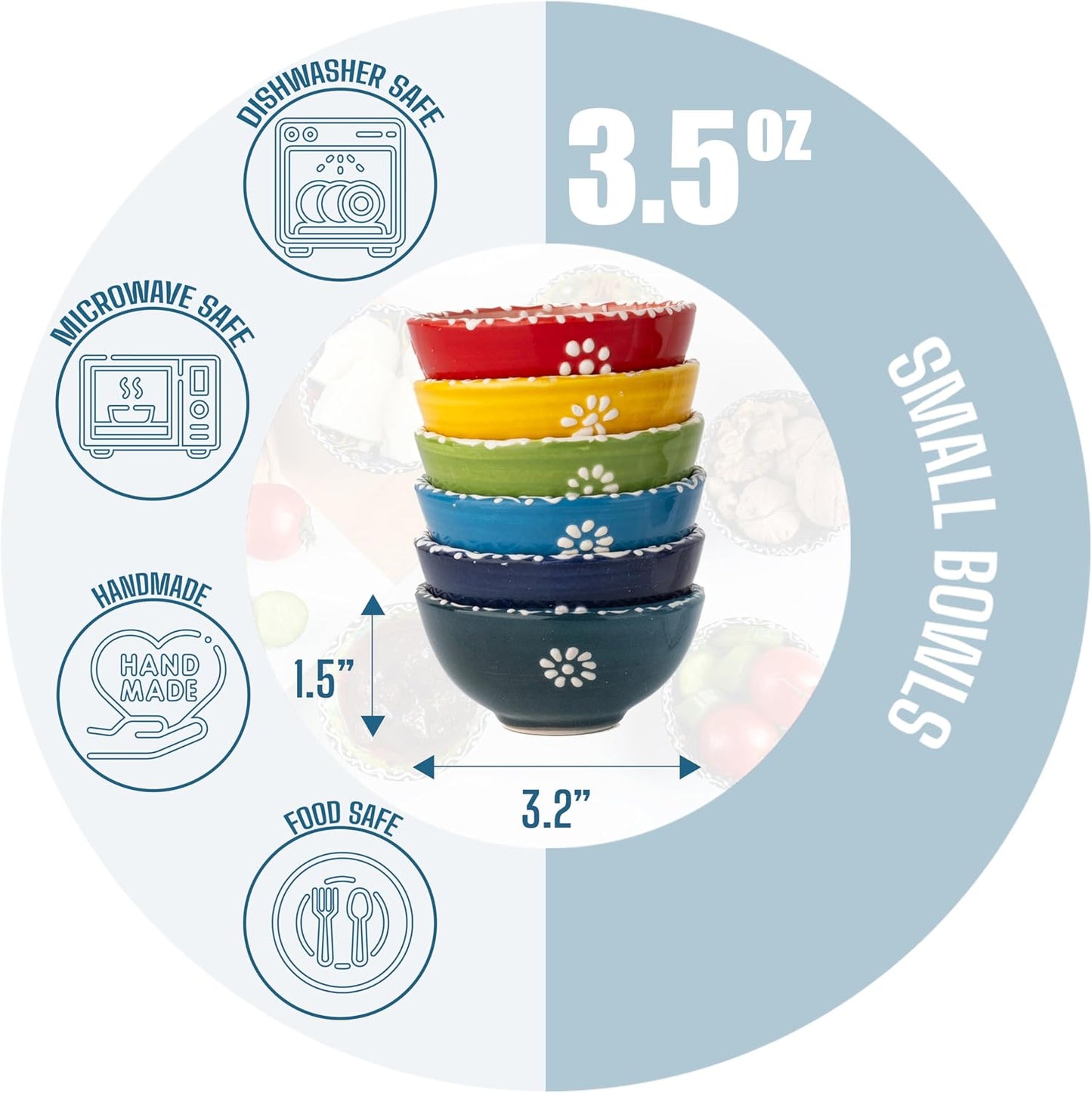 Ceramic Small Dipping Bowls Set of 6, 3.5 Oz Soy Sauce Dish, Handmade Charcuterie, Colorful Pinch, Dishwasher & Microwave Safe, 3.2'' Mini (SULTAN'S GARDEN)