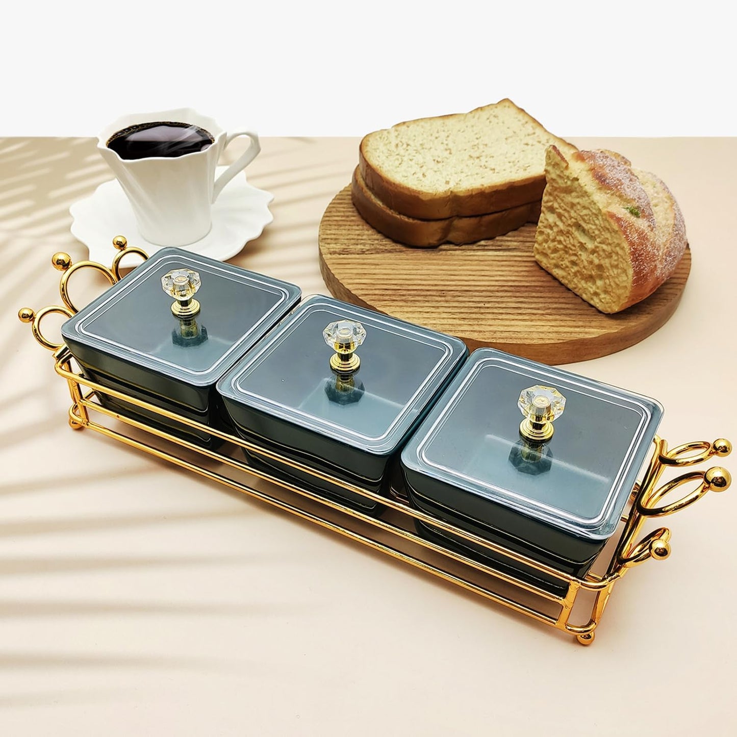 YA JU Ceramic Bowls and with Lid Gold Basket Trays, 6 Removable Small Bowls Condiment Trays Nut Serving Set for Snacks, Fruits, Candy and Condiments -Great for Parties, Holiday Gifts, White