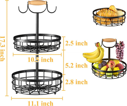 SAYZH 2-Tier Fruit Basket Bowl Vegetable Storage with 2 Banana Tree Hanger and Wood Lift Handle, Kitchen Countertop Metal Wire Basket for Bread Onions Potatoes (Black, 2 Tier)