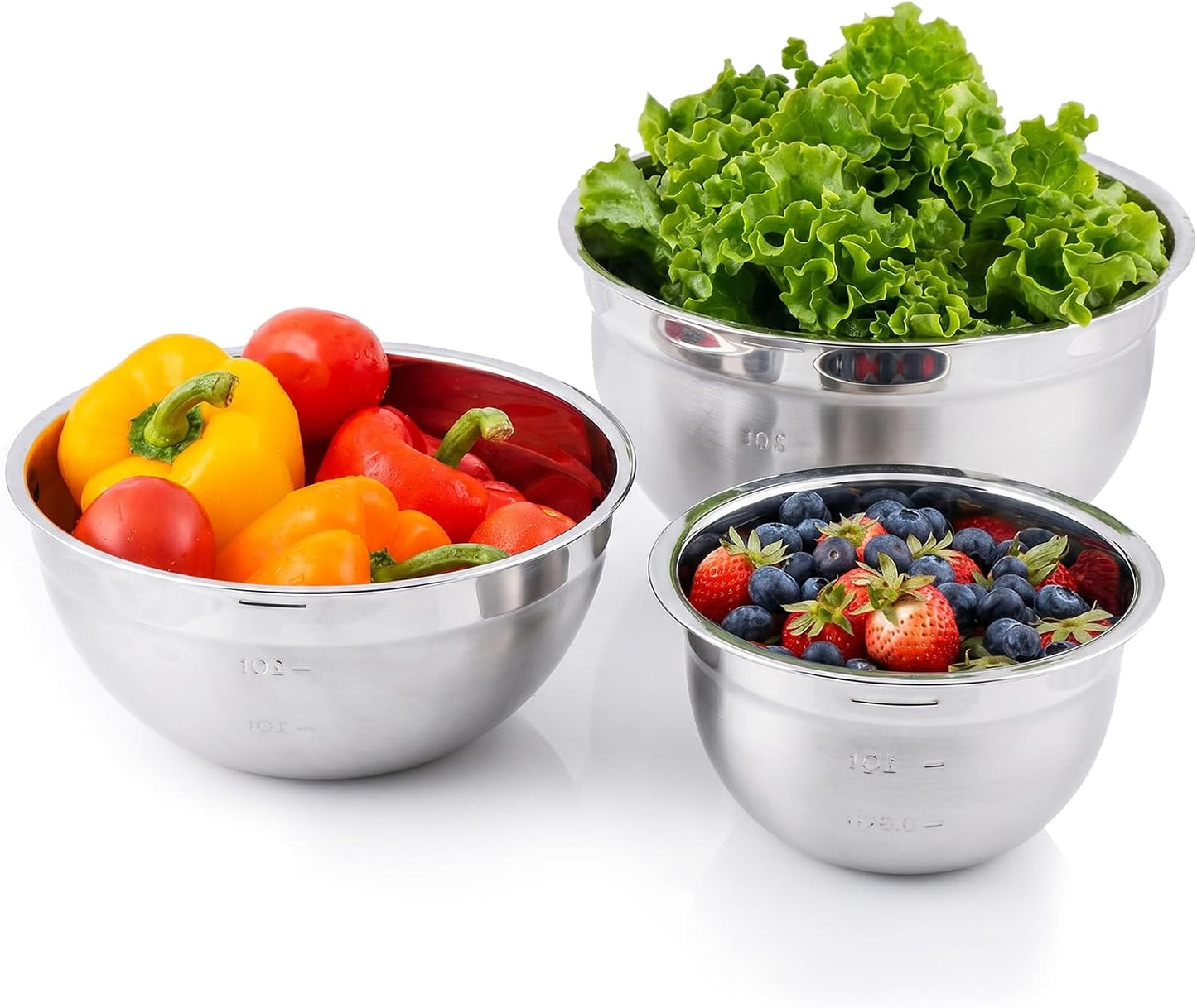 OVENTE Mixing Bowl Set with Lids, 3-Piece Stainless Steel Nesting Bowls for Easy Food Storage, Stackable Design, Kitchen Essential for Baking, Cooking and Prepping, Size 5, 3.5, 1.5QT, Silver BM46333S