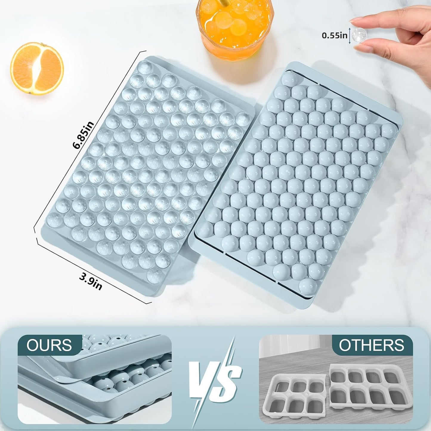 WIBIMEN Mini Ice Cube Trays, 0.55” Tiny Pebble Ice for Iced Coffee & Cocktails, Fast Chill, Easy Twist Release, Stackable with Lid & Storage Bin (2 Pack, Blue)