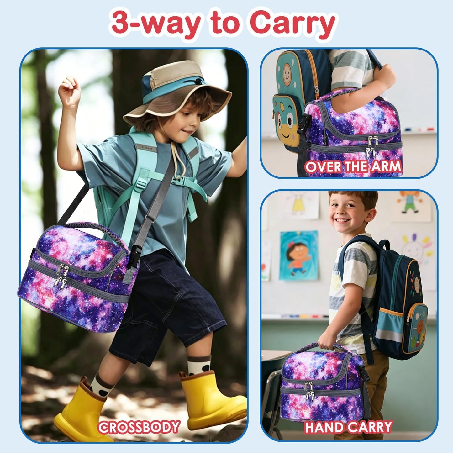 FlowFly Kids Double Decker Cooler Insulated Lunch Bag Large Tote for Boys, Girls, Men, Women, With Adjustable Strap, Unicorn