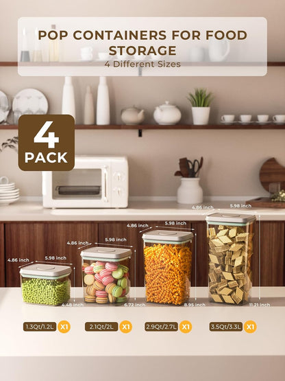 Airtight Food Storage Containers, 4-Piece Set, 1.3-3.5 Qt, Pop-Top Lids | Clear Stackable Pantry Jars for Flour, Sugar, Cereal, Oats, Pasta, Snacks, Baking Ingredients and Small Kitchen Organization