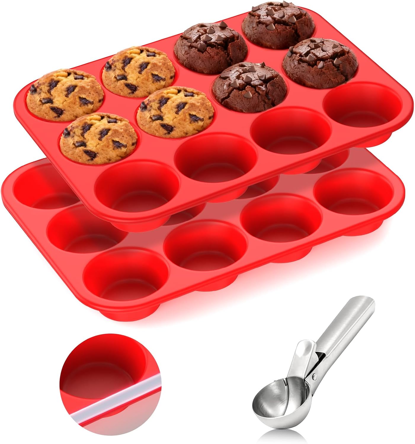 Silicone Muffin Pan for Baking: 12 Cup Muffin Pan with Metal Reinforced Frame, Regular Size Cupcake Egg Bites Molds for Baking, BPA Free Silicone Muffin Tray, Dishwasher Safe (1 Pack, Red)