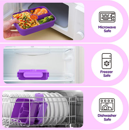 Jelife Bento Lunch Box for Kids - Leakproof Large Bento-Style with 4 Compartments Portions Lunchbox with Tableware Back to School, Reusable On-the-Go Meal and Snack Packing, Blue