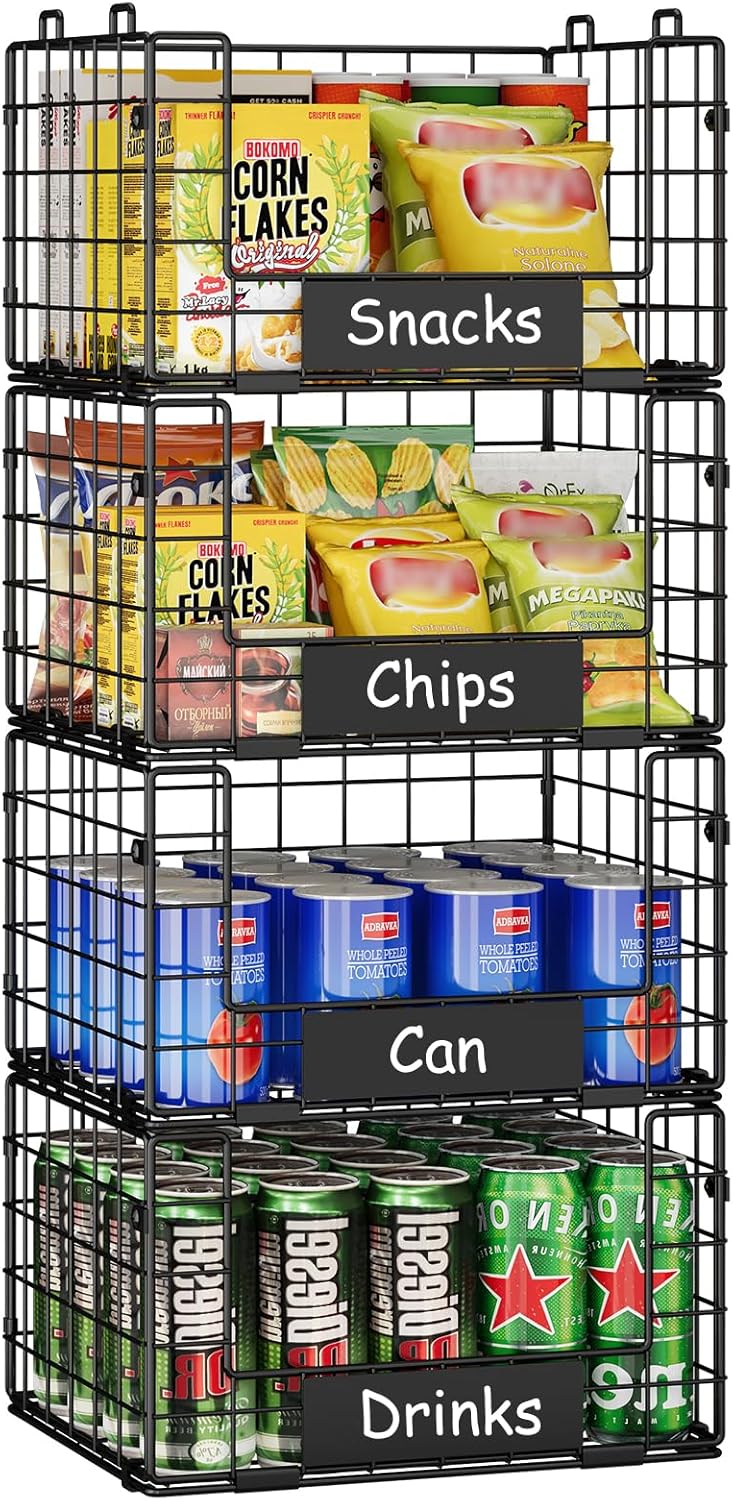 JKsmart 8-Tier Stackable Wire Basket, Can Organizer for Pantry Kitchen, XXL Metal Storage Shelves with Dividers & Handles, Easy Assembly Space Saving Storage Bins for Snacks Fruits Veggies