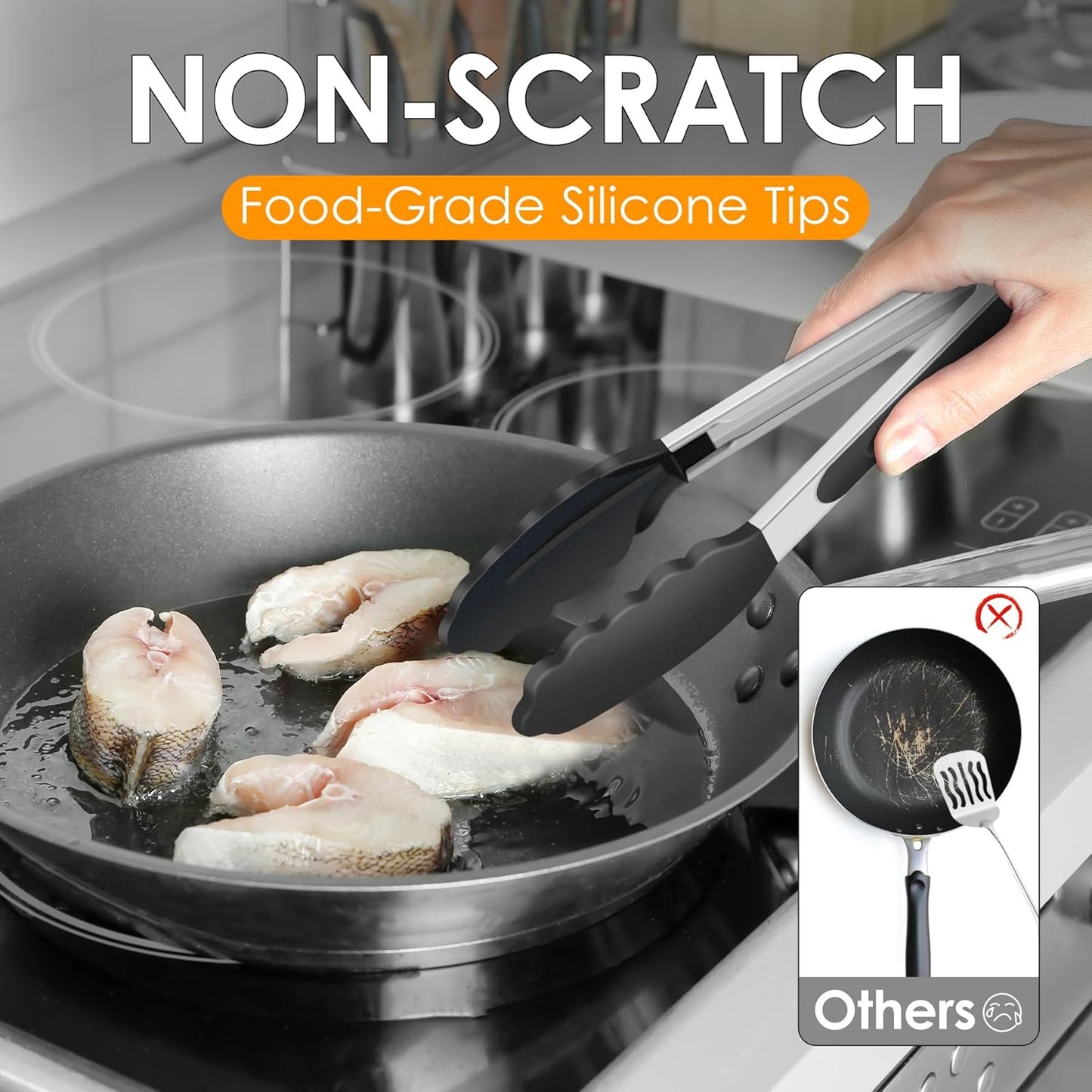HOTEC Premium Stainless Steel Locking Kitchen Tongs with Silicon Tips, Set of 2-9" and 12"