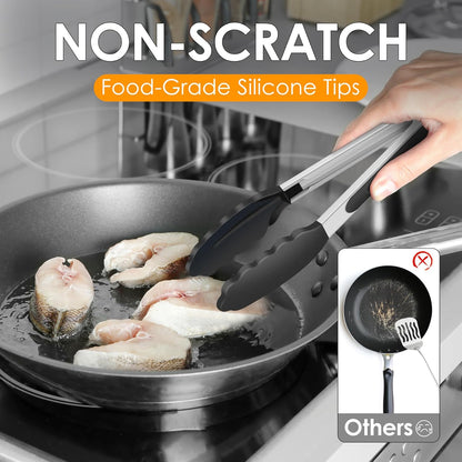HOTEC Premium Stainless Steel Locking Kitchen Tongs with Silicon Tips, Set of 2-9" and 12"