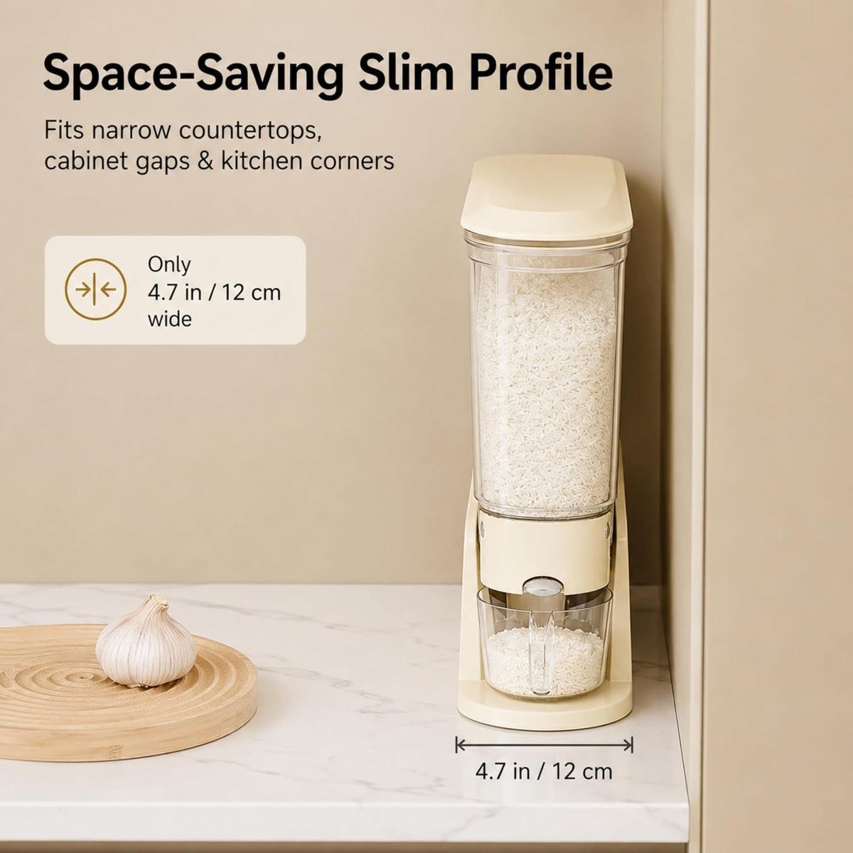 ROOM127 Rice Dispenser 22 Lbs, Large Airtight Grain Container, Cream White | Family Size Storage, BPA-Free, Moisture-Proof Seal, One-Touch Pouring, Clear Window, for Cereal, Beans, Oats & Dry Food