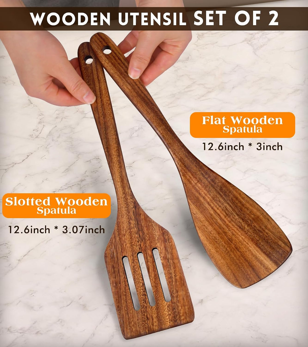 Wooden Spatula, Acacia Solid & Slotted Turner Spatula Set, Long Handle Flat Frying Spatulas, Ideal Kitchen Gift for Mother and Grandma, Kitchen Utensils Set for Cooking, Frying, Baking