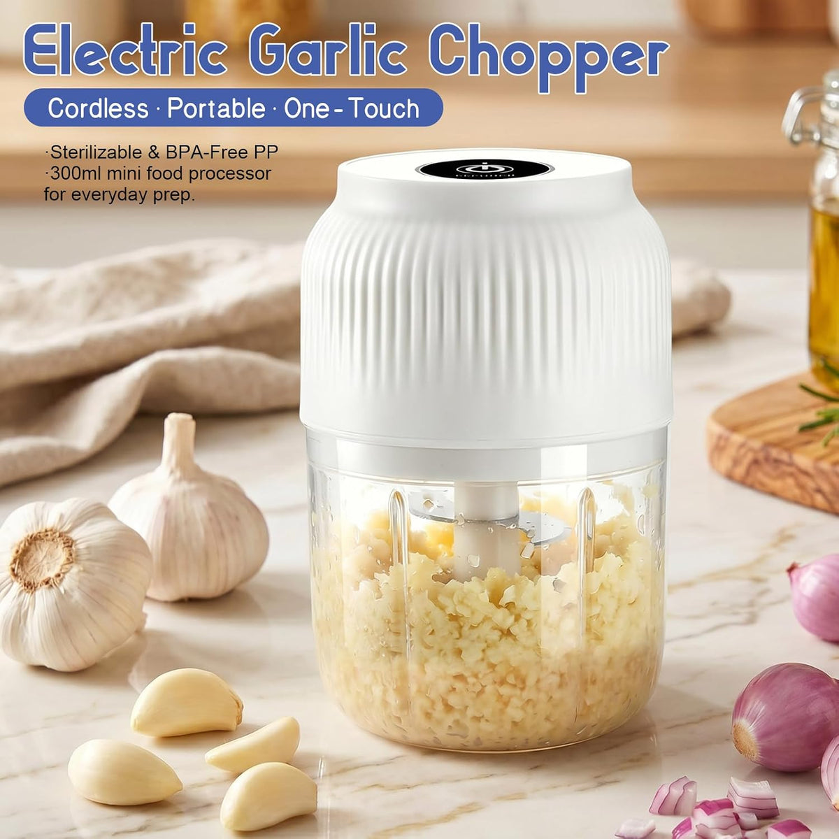 Electric Garlic Chopper, 2026 New Mini Food Processor & Food Chopper for Kitchen, Portable Cordless Garlic Mincer with 6 Stainless Steel Blades, Small Vegetable Chopper for Onion Salad (400ML Blue)