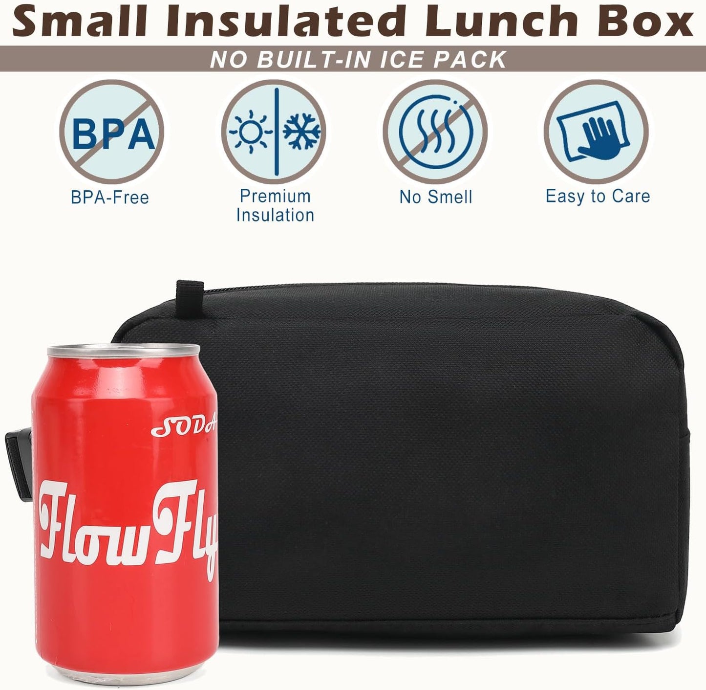 FlowFly Small Insulated Lunch box Portable Soft Bag Mini Cooler Thermal Meal Tote Kit with Handle for Work & School, Black
