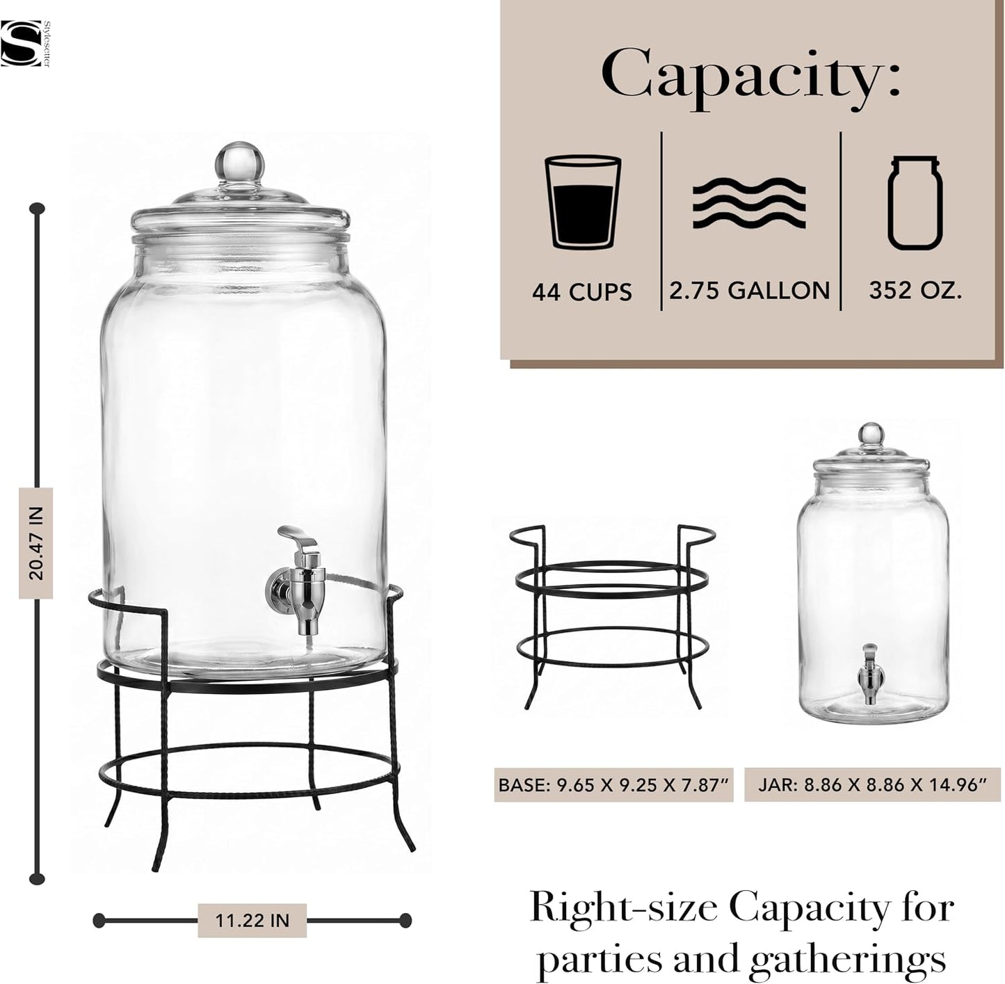 Style Setter Montgomery Beverage Cold Drink Dispenser w 2.7-Gallon Capacity Glass Jug, Leak-Proof Acrylic Spigot in Gorgeous Gift Box for Parties