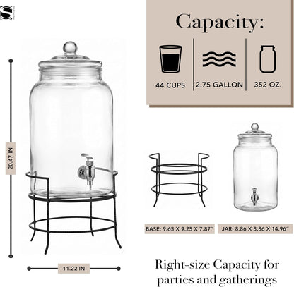 Style Setter Montgomery Beverage Cold Drink Dispenser w 2.7-Gallon Capacity Glass Jug, Leak-Proof Acrylic Spigot in Gorgeous Gift Box for Parties