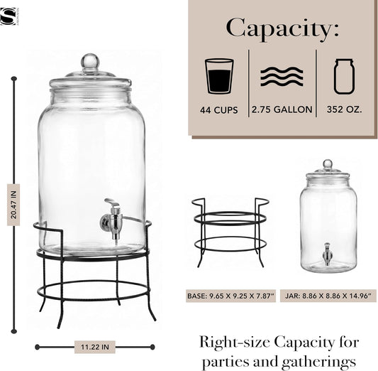 Style Setter Montgomery Beverage Cold Drink Dispenser w 2.7-Gallon Capacity Glass Jug, Leak-Proof Acrylic Spigot in Gorgeous Gift Box for Parties