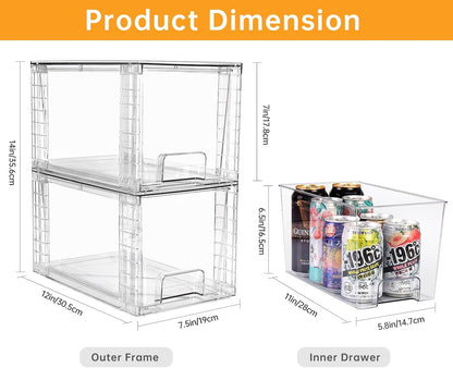 4Pack Large Stackable Kitchen Storage Drawers, Clear Foods Organizer Bins with Handles, Easily Assemble for Bathroom, Kitchen, Pantry, Cabinet, Closet(XL-UP Handle)