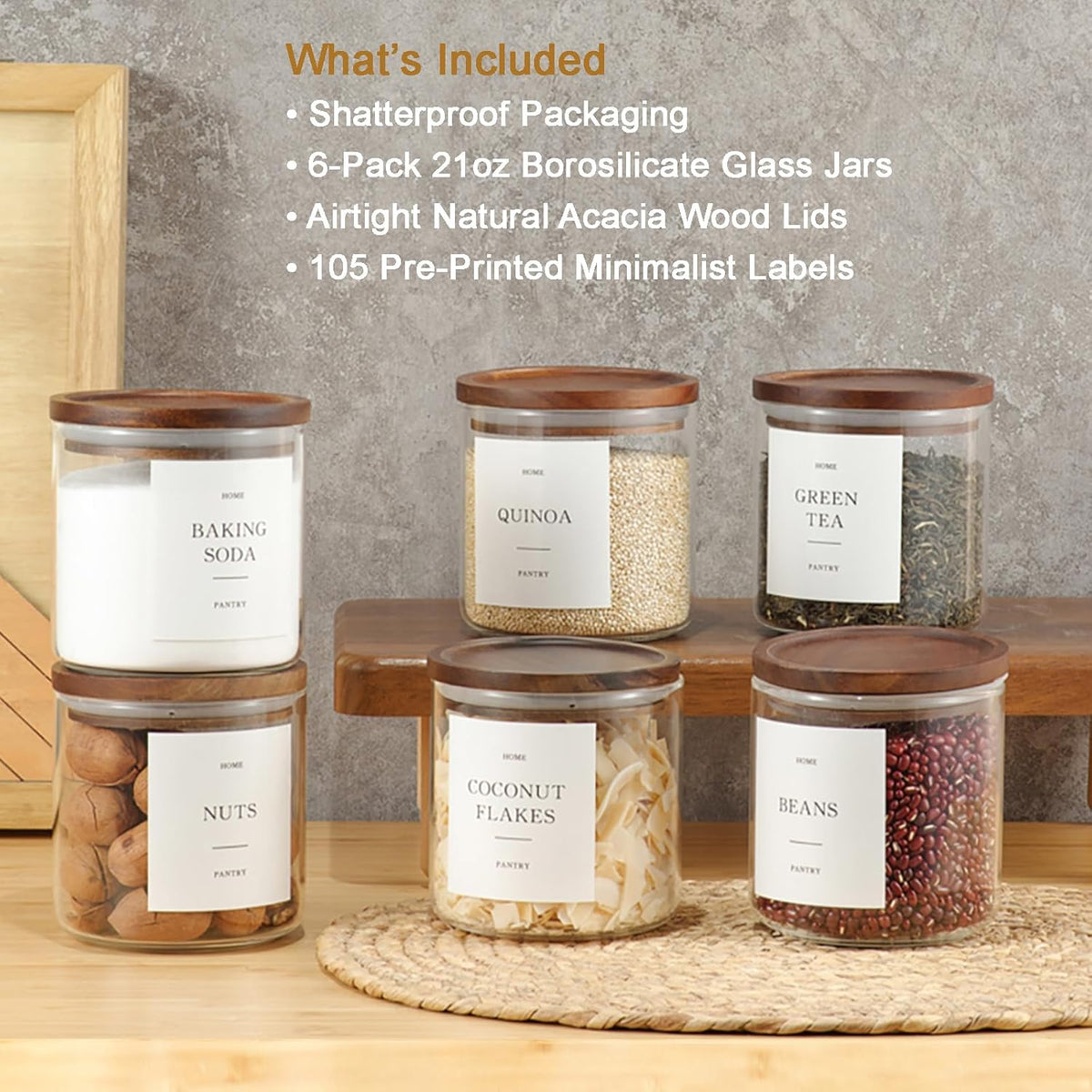 2 Pack Glass Rice Containers with Acacia Wood Lids, 70oz Airtight Flour and Sugar Jars with 105 Labels, Large Glass Pantry Storage Jars for Cereal, Protein Powder, Cookies, Dry Food