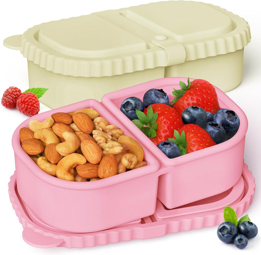 YQL 4 Pack Silicone Snack Containers with Leakproof Lids, Double-Compartment Bento Boxes for Kids & Adults, Reusable Food Storage for Snacks, Sauces, Lunch, Travel, and Meal Prep
