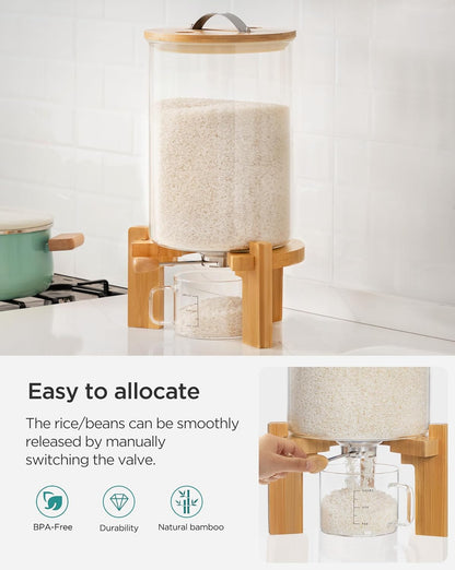 HBlife 5-7 Lbs Glass Rice Dispenser with Wooden Stand Flour and Cereal Container with Glass Measuring Cup Pantry Food Organization Storage Bin with Airtight Bamboo Lid, 3L