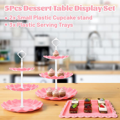 5 Pcs Dessert Stand Set, 2X Small 3 Tiers White Plastic Cupcake Stand Holder & 3X Rectangle Party Serving Trays/Platters for Wedding Birthday Baby Shower Tea Party Buffet (Pink)