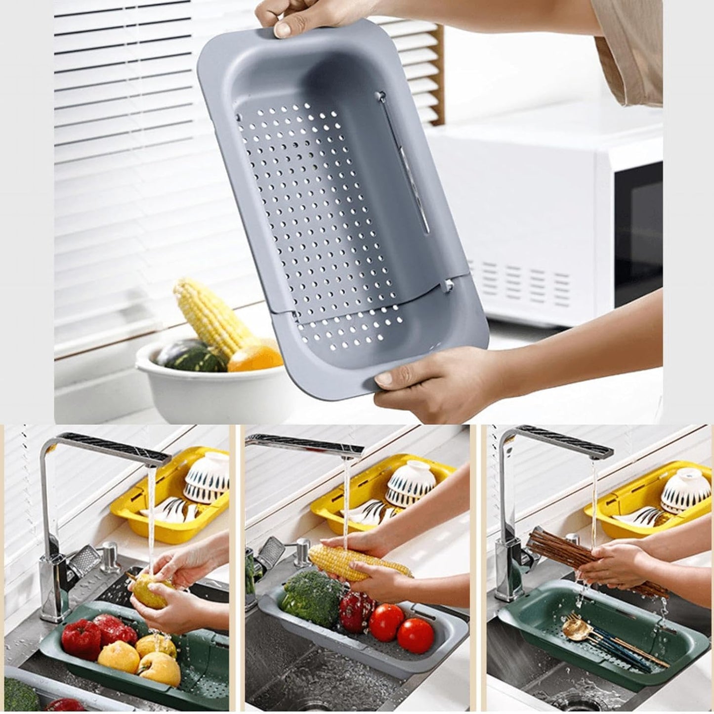 Extendable Over the Sink Colander Strainer Basket, Plastic Retractable Kitchen Sink Basket - Wash Vegetables, Fruits, Drain Pasta and Dry Dishes L (black XL)