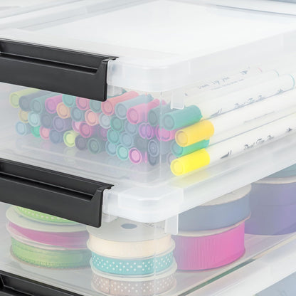 IRIS USA 12 Qt. Craft Storage Bins with Lids, 4-Pack, |Made in USA|, Clip Box, Medium Plastic Sensory Bin Tote Organizer Containers for Art Supplies, Paper, & Office, Stackable - Clear/Seafoam Blue