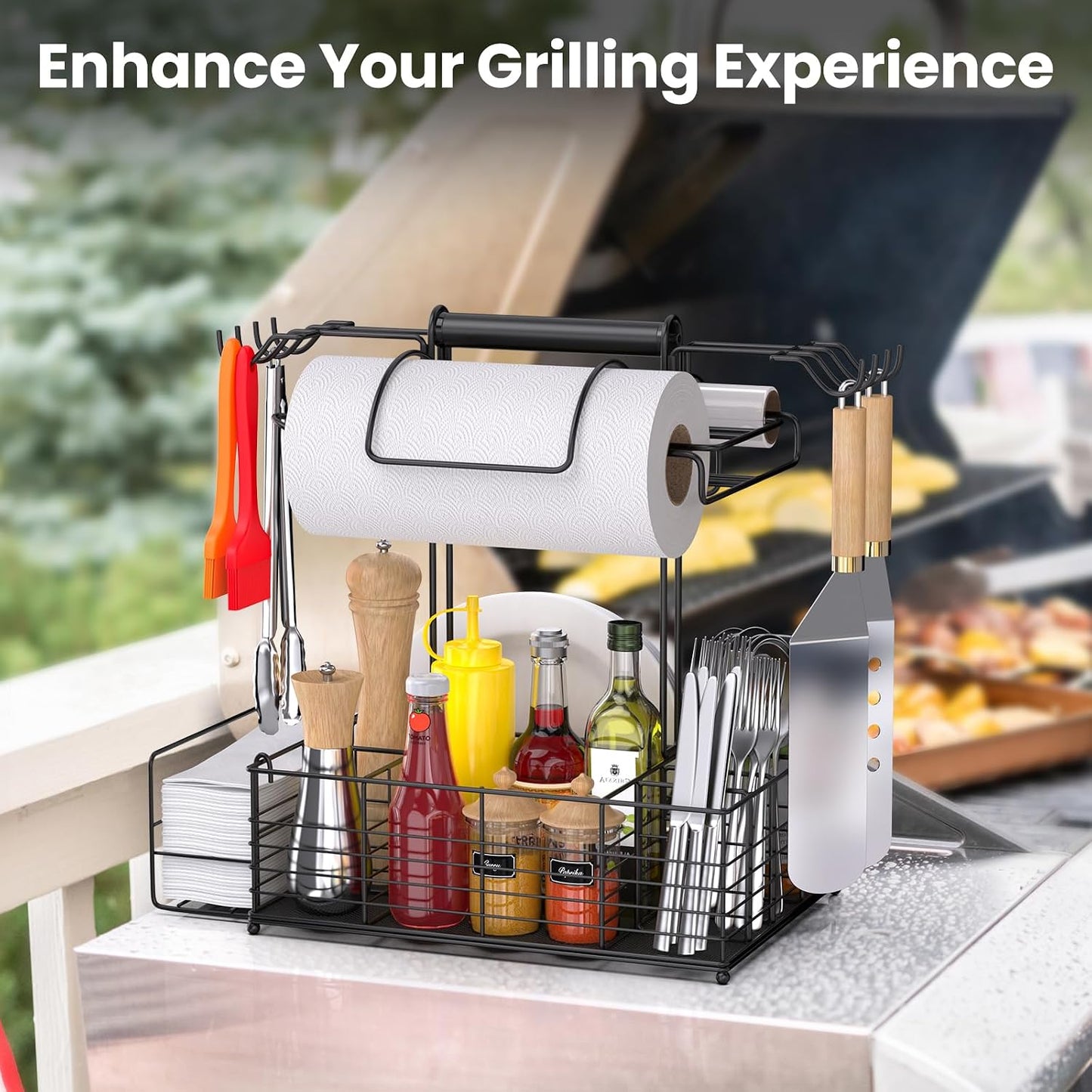 Grill Caddy for Outdoor Grill with 2 Paper Towel Holders,Barbecue Tool Sets Storage Organizer,BBQ Caddy for Outdoor Grill with 9 Compartments & 8 Hooks,Picnic Caddy Grilling Gifts for Men