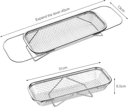 upgrade over the sink mesh colander expandable strainer stainless steel vegetable basket for kitchen sink (40 * 13 * 6.5cm)