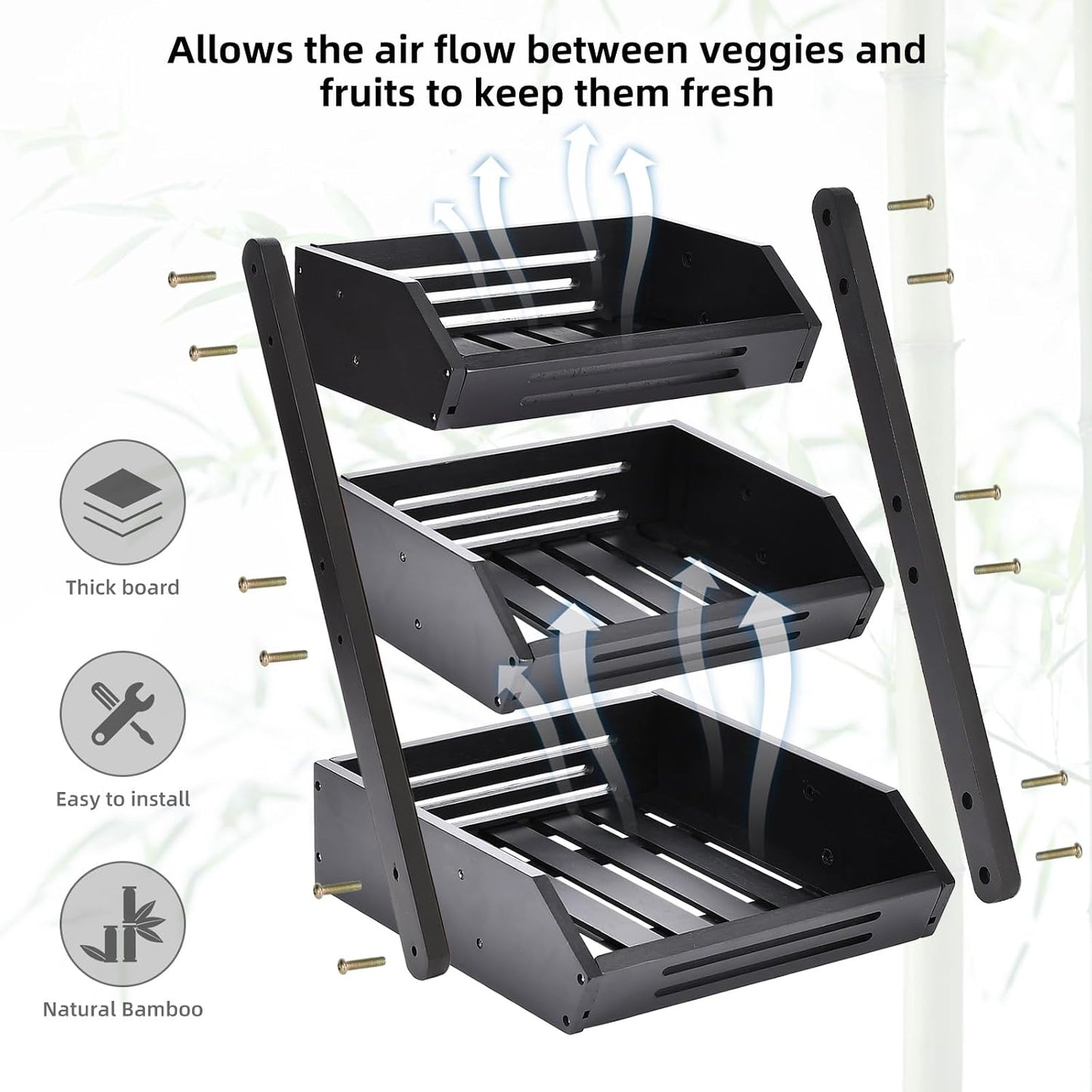 VIKEYHOME Fruit Basket, 2 Tier Bamboo Fruit Basket for Kitchen, 11" Tall Fruit Stand Storage Holder, Heavy Duty/Large Capacity for Vegetables, Fruit, and Snack, 15 mm Thickness (Self-assembly)