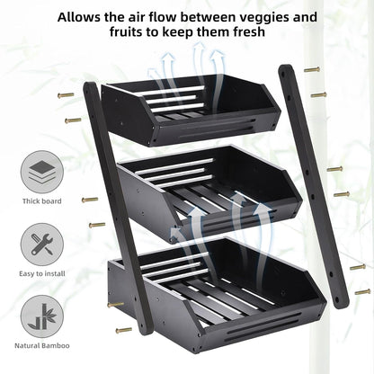 VIKEYHOME Fruit Basket, 2 Tier Bamboo Fruit Basket for Kitchen, 11" Tall Fruit Stand Storage Holder, Heavy Duty/Large Capacity for Vegetables, Fruit, and Snack, 15 mm Thickness (Self-assembly)