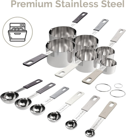 CuttleLab 22-Piece Stainless Steel Measuring Cups and Spoons Set, Tad Dash Pinch Smidgen Drop Mini Measuring Spoons, Measuring Stick Leveler, Measurement Conversion Chart Fridge Magnet, (Charcoal)