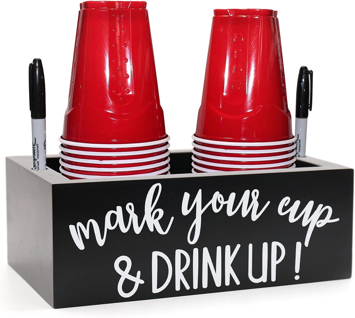 Double Cup Holder Party Cup Dispenser Wooden Cup Organizer Mark Your Cup and Drink Up Caddy Farmhouse Bar Counter Decor Holiday Halloween Christmas Party Supplies (Black)