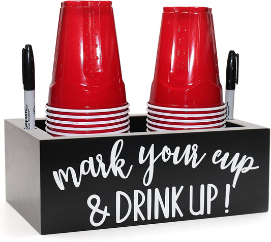Double Cup Holder Party Cup Dispenser Wooden Cup Organizer Mark Your Cup and Drink Up Caddy Farmhouse Bar Counter Decor Holiday Halloween Christmas Party Supplies (Black)